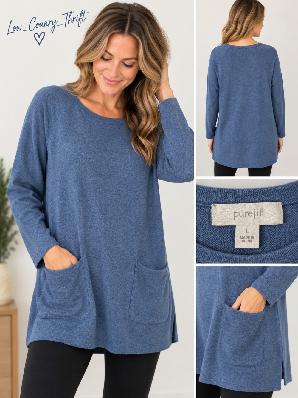 pureJill Tunic Top Women's L Blue Cotton Wool Blend Long Sleeve Pocket